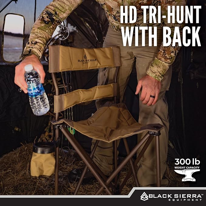 Black Sierra HD Tri-Hunt with Back Hunting Stool, Foldable Tripod Seat w/Steel Frame Supports 300-lb, Heavy Duty Fishing Chair Features Cup-Holder & Carry Shoulder Strap, for Camping