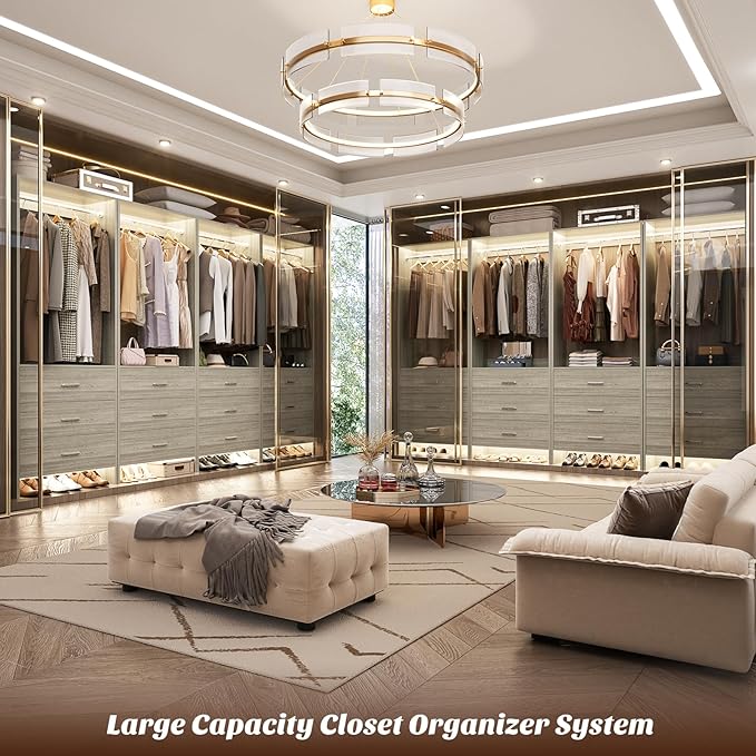 Aheaplus Closet System Closet Organizer, Wood Closet Organizer System, Walk-in Closet or Small Closets Wardrobe, Clothes Rack with Hanging Rods, 8FT Closets, Set of 4, -D1, White Oak