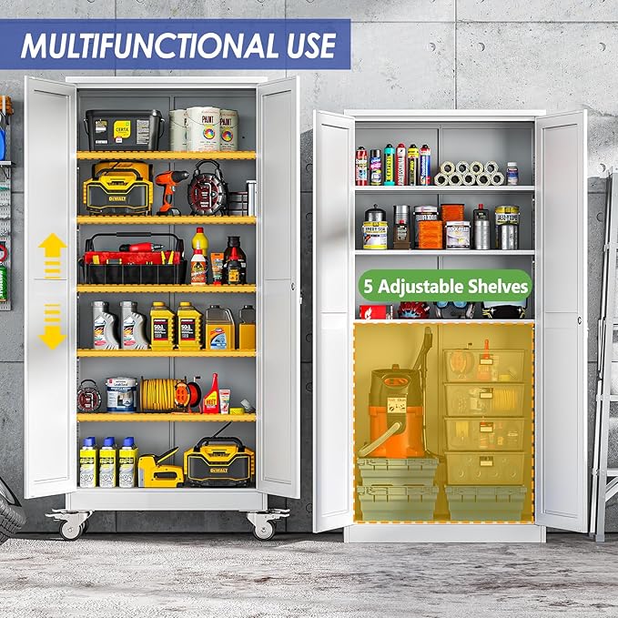 75" Tall Metal Garage Storage Cabinet with Wheels and Locking Doors and Tall Rolling Steel Tool Cabinet with 5 Adjustable Shelves for Garage,Home,Office,Shop (White)