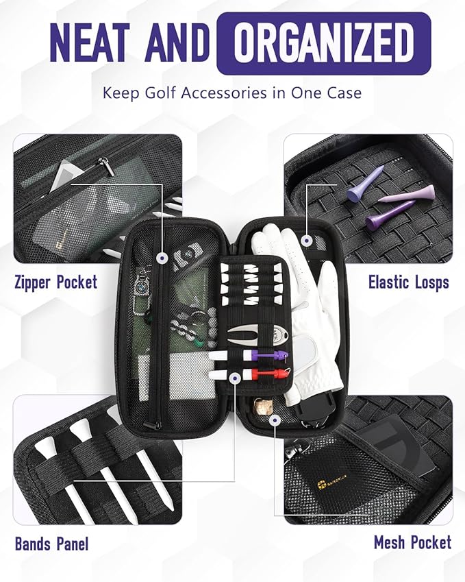 Odor-Absorbing Golf Glove Holder Case for Men Women with Glove Shaper - Fits Golf Club Bag, Golf Organizer Storage for Phone, Tees, Divot Tool, Ball Markers, Golf Gifts for Men Women