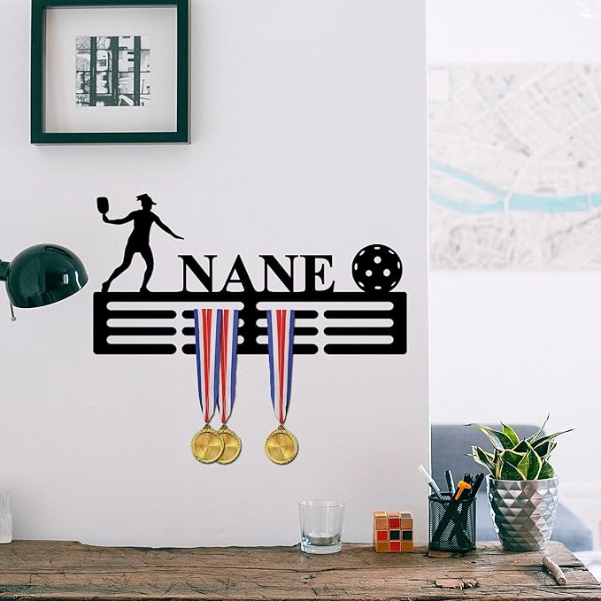 Pickleball Achievement Holder Girl Custom Pickleball Achievement Hanger with Name, 12 Rungs for Achievements & Ribbons, Pickleball Achievement Display Award Display