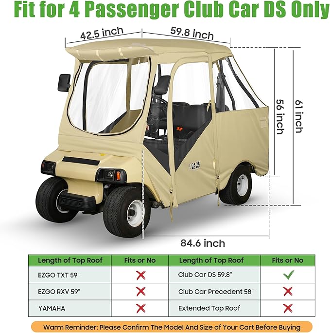10L0L Golf Cart Driving Enclosure for Club Car DS, 2/4 Passenger Short Roof, Waterproof Windproof Heavy Duty 600D Rain Cover with 4-Sided Clear Windows & Durable Door Zipper All-Weather Protection