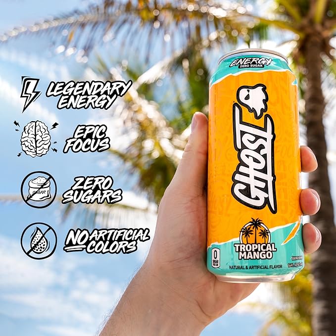 GHOST Energy Drink - 12-Pack, Tropical Mango, 16oz Cans - Energy & Focus & No Artificial Colors - 200mg of Natural Caffeine, L-Carnitine & Taurine - Gluten-Free & Vegan