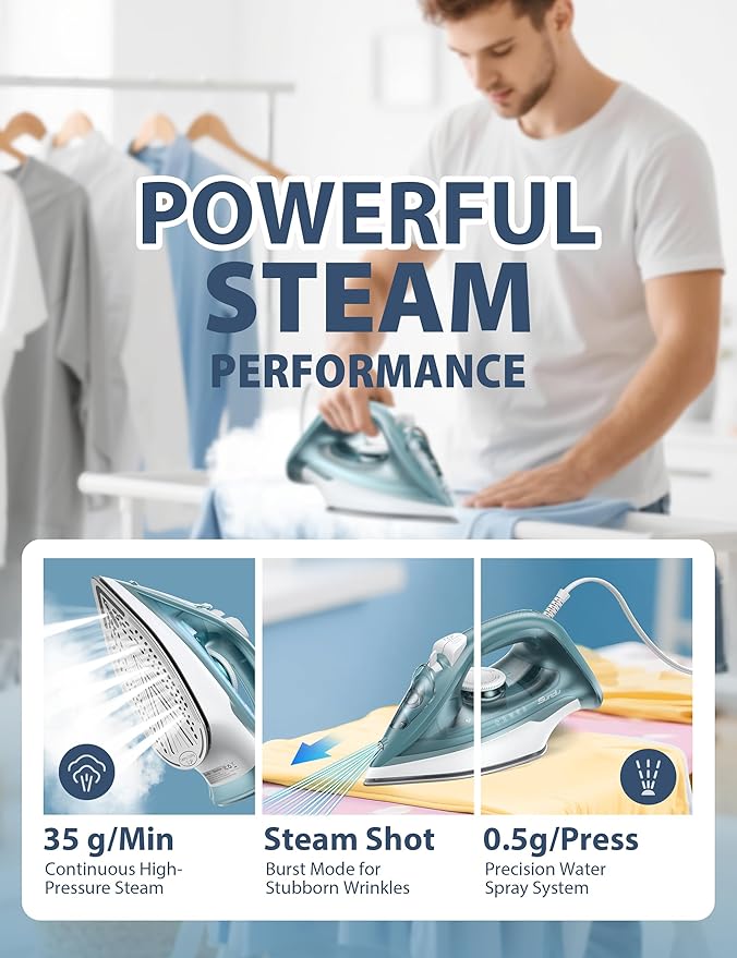 Iron Steamer for Clothes, Ceramic Soleplate, 500 Microsteam Holes, Powerful Steam Iron, Adjustable Steam, Burst of Steam, Self-Clean, Anti-Calc, Lightweight, Leakproof, Long-Lasting Steam