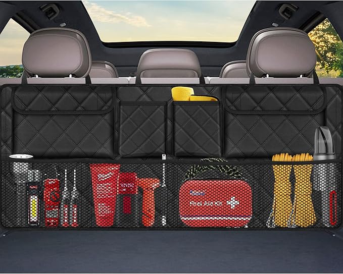 Femuar Car Trunk Organizer, Large Capacity Backseat Trunk Organizer (42"*18"), Collapsible Car Storage Bag with 8 Pockets, SUV/MPV/Truck - Black