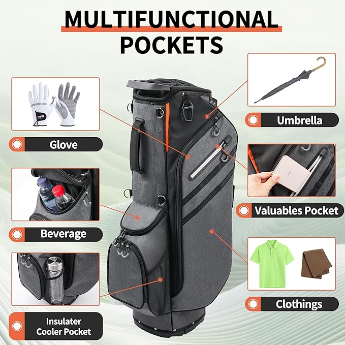 Golf Stand Bag 14 Way Full-Length Dividers with Stand, Lightweight Golf Bag for Men, 7 Pockets, Dual Strap, Rain Hood, Portable Golf Club Bag for Men Women, Gray/Black