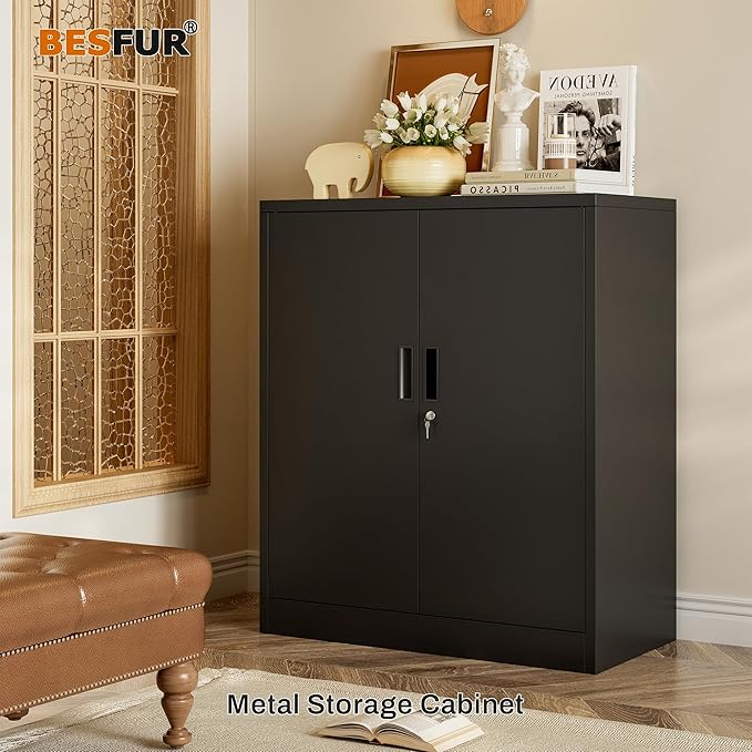 BESFUR Metal Storage Cabinet 36" H, Garage Storage Cabinet with 2 Lockable Doors and 2 Adjustable Shelves, Garage Cabinet for Home Office, Garage,School, Warehouse, Utility Room,White