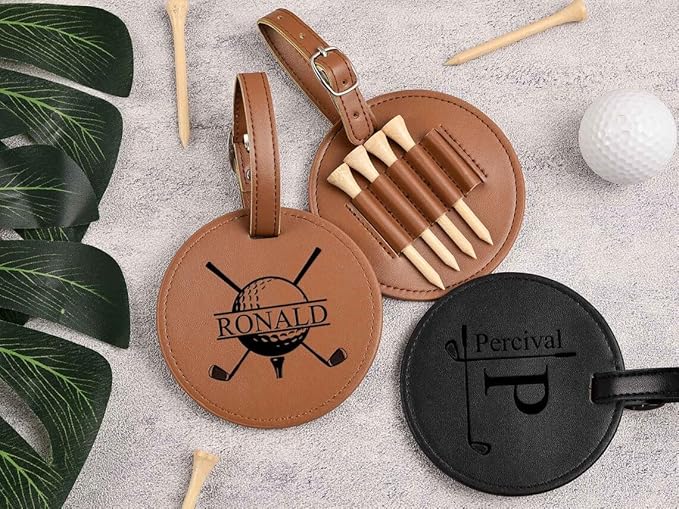 CFuniq® Engraved Leather Golf Bag Tag Gift with Golf Tees, Personalized Golf Tee Holder, Custom Golf Accessories, Groomsmen Gifts, Golf Gift for Men Women