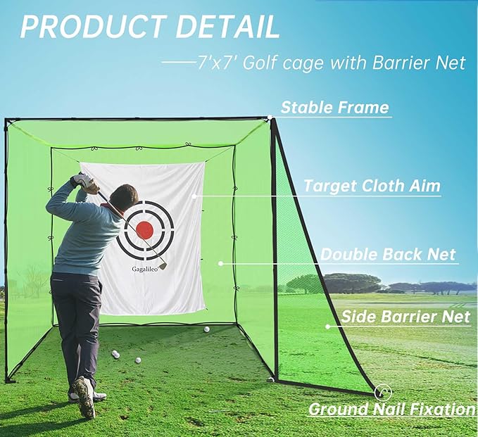 Gagalileo Golf Cage Net: 7X7X7FT Heavy Duty Practice Alloy Steel Frame and Target for Golfers Backyard Driving Range Outdoor Training