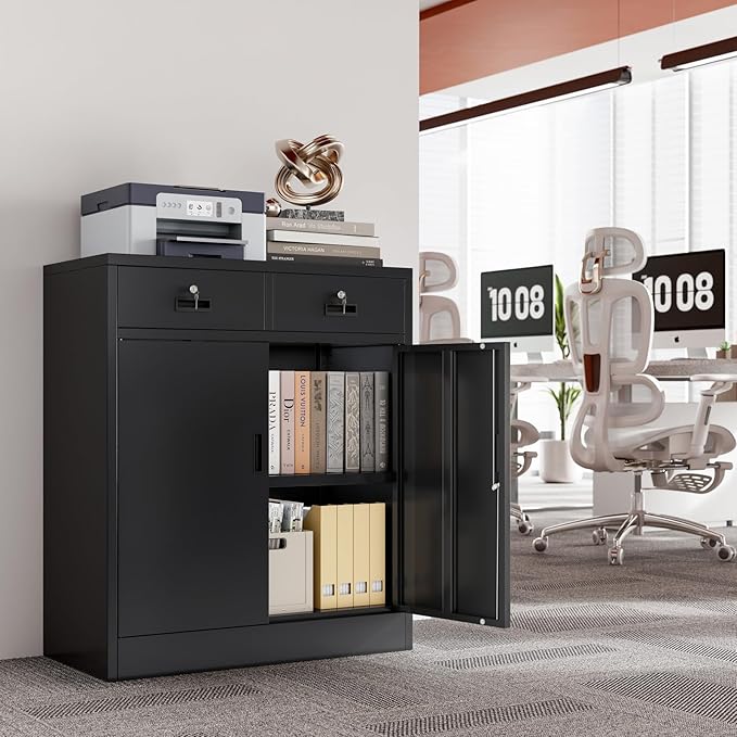 CJF Metal Storage Cabinet, Locking Cabinet with Adjustable Shelf and 2 Drawers, Metal Cabinets for Office, Home, Garage 36" H x 32" W x 16" D (Black)