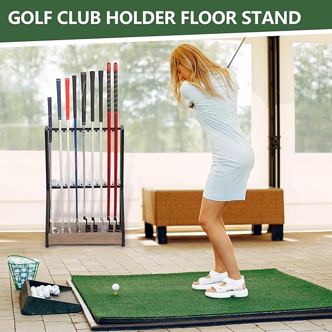 Golf Putter Stand for 9 Clubs & 9 Balls, Solid Wood & Iron Golf Club Rack, Golf Club Organizer Floor Stand, Golf Club Holder | Rustic Modern Design for Home, Office, Golf Course Accessories