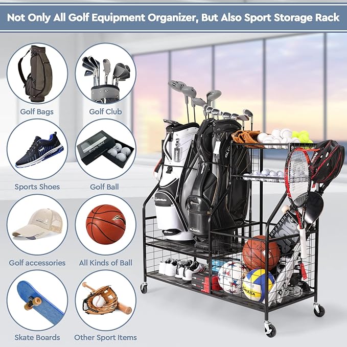 Sports Equipment Organizer, Sports Storage for Garage, Golf Bag Storage Rack, Golf Organizer Stand for Golf Club, Ball Storage Cart with Wheel for Garage, Gym, Shed, Outdoor