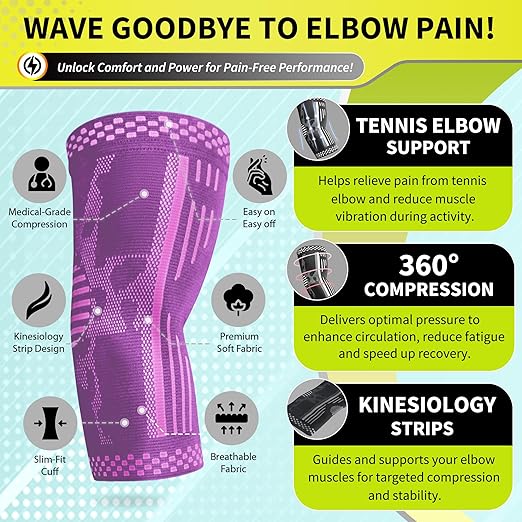 BLITZU Elbow Compression Sleeve for Tendonitis 2 Pack, Tennis Elbow Brace Support for Men and Women Golfers Elbow Pain Relief, Arthritis, Bursitis, Arm Brace for Workout, Weightlifting Purple M
