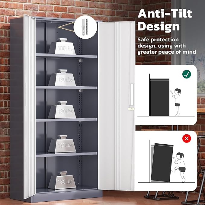 Metal Lockable Storage Cabinet, 72” Storage Cabinet with 2 Doors and 4 Adjustable Shelves for Office, Home, Garage, Pantry (Assembly Required, Grey White)
