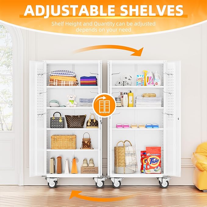 INTERGREAT Rolling Metal Cabinet with Wheels,72" Locking Storage Cabinet with Adjustable Shelves,Large Capacity Pulley Cabinets for Home Office,School,Garage(White)