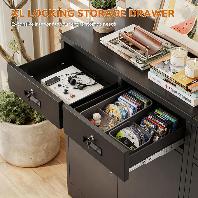 BESFUR Locking Cabinet with 2 Drawers and Lockable Doors, 36" H Black Metal Storage Cabinet with Adjustable Shelf for Home Office, Garage,School, Apartment, Warehouse