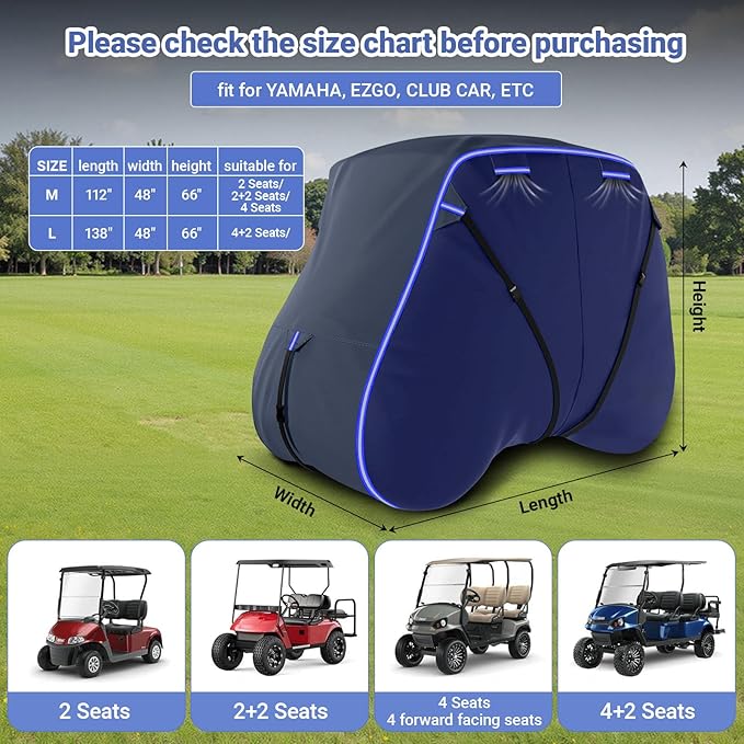 Golf Cart Cover Suitable 6/4+2 Passenger for Yamaha/EZGO Club Cart Heavy Duty 420D Waterproof Windproof Golf Cart Cover All-Weather Protection with Zipper Door Blue/Gray