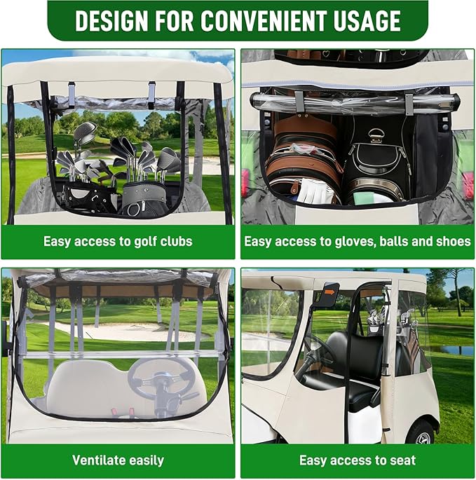 Golf Cart Deluxe Driving Enclosure 2 Passenger Fits Club Car Precedent 2004-Up, Tempo & Onward 2017-Up, Fits Short Roof 42.6" W and 59.9" L, Clear Window with Door Zippers 600D Rain Cover