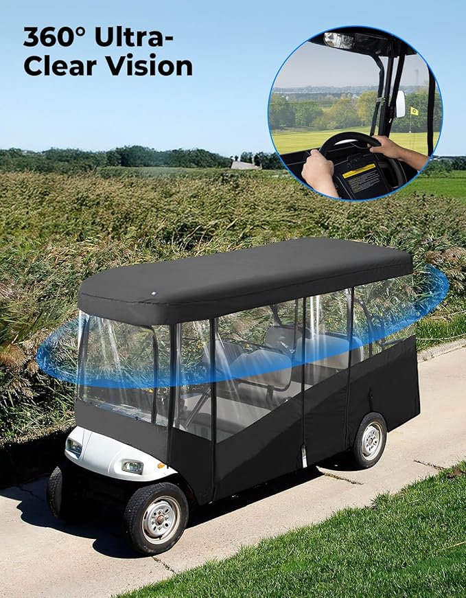 KEMIMOTO Golf Cart Enclosure, 4&6 Passenger Golf Cart Rain Cover, 600D Waterproof Driving Enclosure with Clear PVC Windshield for Extended Roof Cart