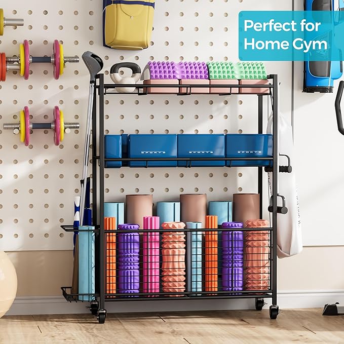Large Garage Sports Equipment Organizer with Wheels, 3-Tier Ball Storage Rack for Basketballs, Soccer Balls & Sports Gear, Outdoor Sports Organizer with Bat Holder& Hooks, Toy Storage– 31"W