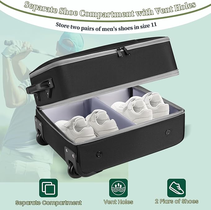 Golf Trunk Organizer with Wheels, 2 Layer Waterproof Golf Organizer for Car, Separate Ventilated Compartment for 2 Pair Shoes, Storage for Clothes & Accessories, Golf Gifts for Men & Accessory ﻿