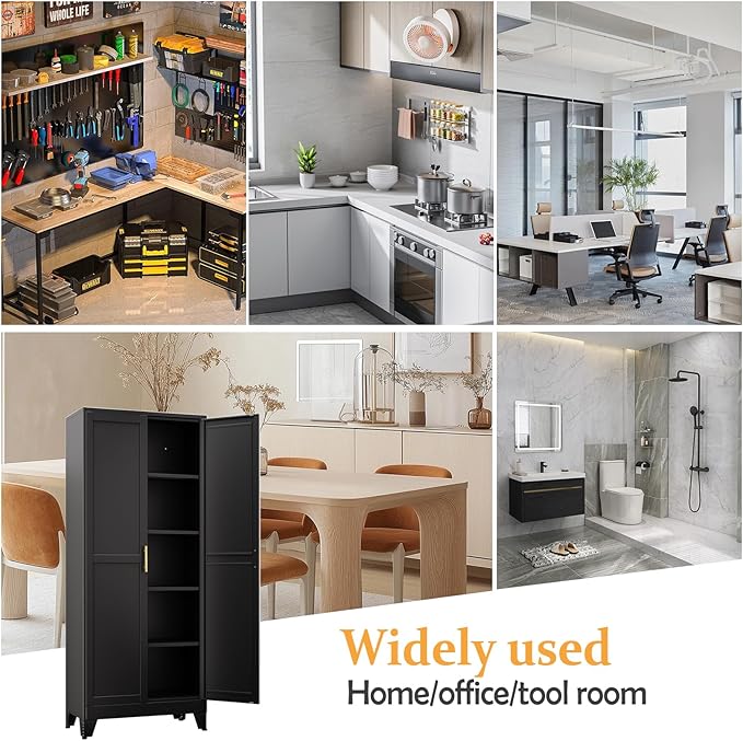 Black Pantry Storage Cabinet,71" Kitchen Pantry with Doors and 4 Adjustable Shelves, Metal Storage Cabinet, for Office, Home, Garage, School