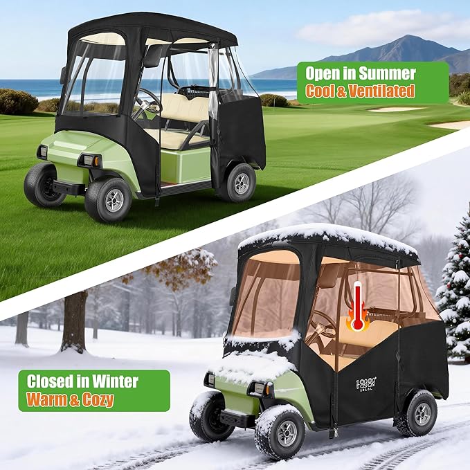 10L0L Golf Cart Driving Enclosure for 2 Passenger Club Car DS & Precedent, Waterproof Windproof Oxford Cloth 4-Sided Full Protection Club Car Rain Cover Weather Enclosure (Black/Transparent)