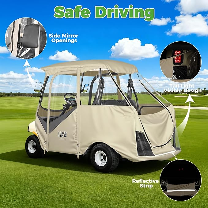 10L0L 4 Passenger Golf Cart Enclosure for Club Car DS Short Roof, 600D Waterproof Golf Cart Rain Cover, Heavy Duty Driving Enclosure, Snowproof Windproof, with Clear PVC Windows & Tail Light Panel