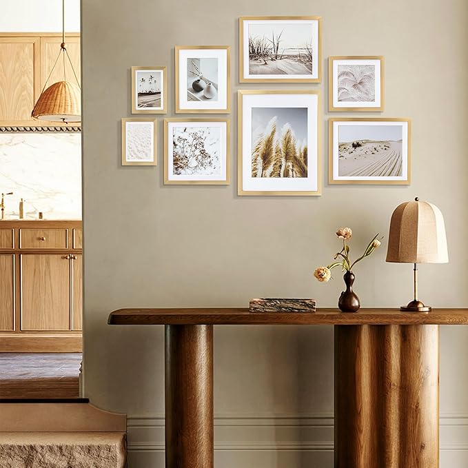 ArtbyHannah Gallery Wall Frame Set, 8 Pack Picture Frames Collage Wall Decor with Neutral Pampas Grass Art for Living Room, Assorted Size Including 11"x14", 8"x10", 5"x7"(Gold Frame)