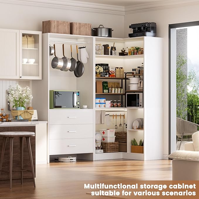 Aheaplus Closet System with 3 Drawers, 2 Hanging Rods & Corner Tower, Corner Closet System with Hanging, L-Shaped Walk-In Wardrobe Organizer, 1300+ lbs Capacity, Set of 2, White