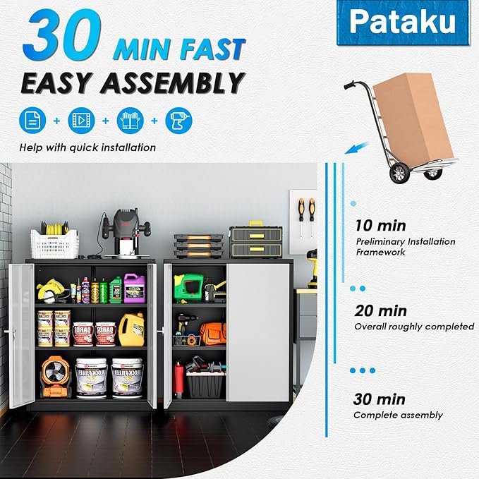Pataku Metal Storage Cabinet, Garage Cabinet with Doors and Shelves 36" Hx32 Wx16 D, Steel Lockable File Cabinets for Office, Home, Garage, Basement, Industrial, Black Grey