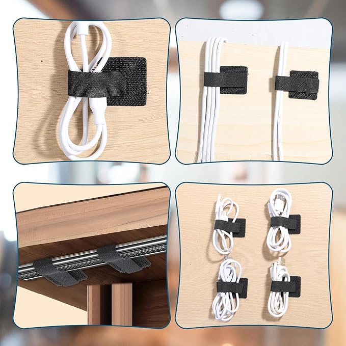 80 Pcs Hook and Loop Cable Straps, Self-Adhesive Hook and Loop Cable Ties Reusable Wire Organizers for Cords Home and Office Black