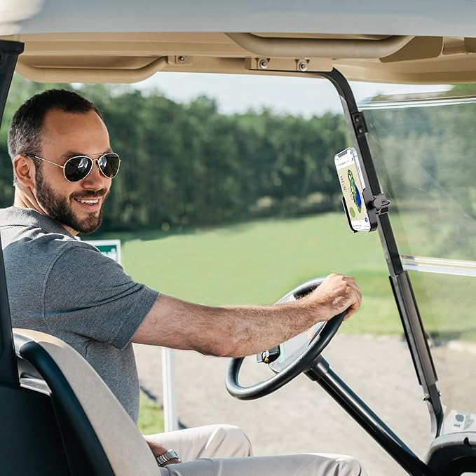 Phone Mount for Yamaha, EZGO, Club Car, 360-Degree Rotatable Universal Golf Cart Phone Holder Compatible with Most Smartphones - No Drilling