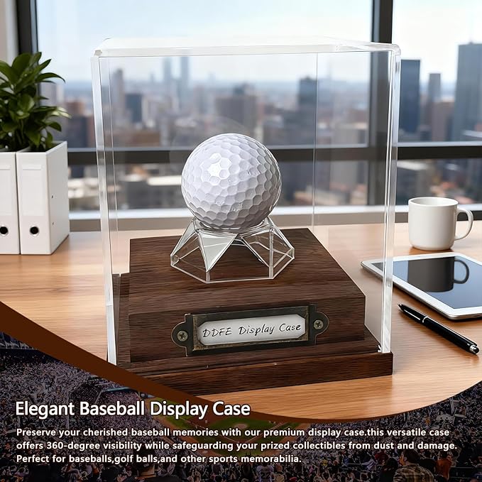 Golf Ball Display Case Walnut Wood Base & Acrylic Holder Dust Protection Transparent Storage Box for Single Ball Souvenir Golfball Collections for Gifts Enthusiasts Collectibles(Golf Ball)