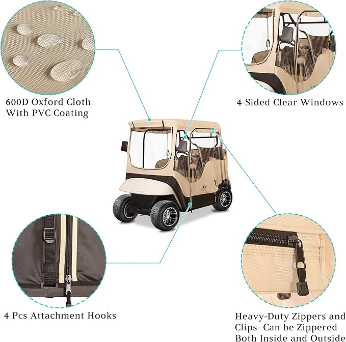 10L0L 2/4 Passenger Golf Cart Driving Enclosure for EZGO TXT/RXV Model, 4-Sided Clear Window 600D Rain Cover All Weather Windproof Waterproof - Black/Beige