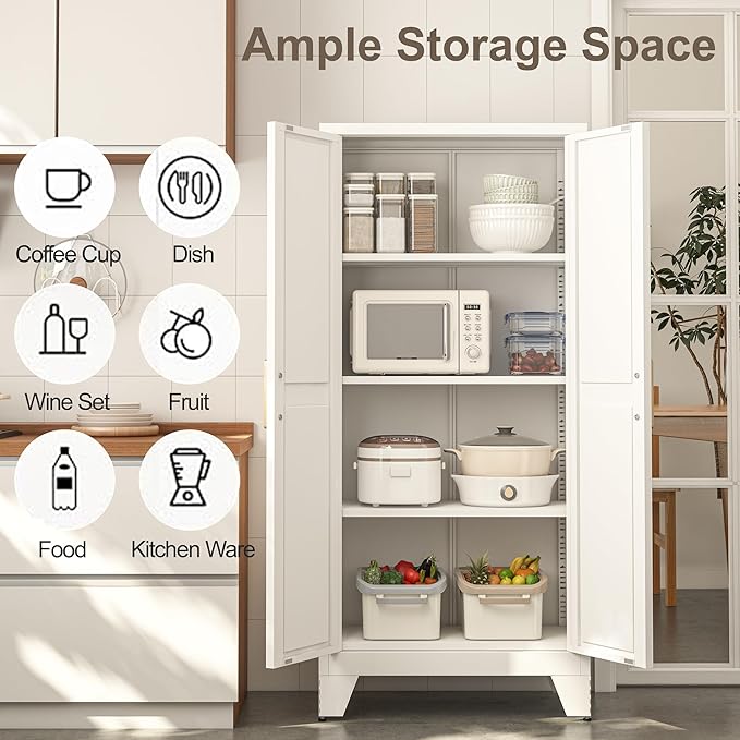 61H Metal Storage Cabinet with 2 Doors and Adjustable Shelves,Farmhouse Storage Cabinet with Barn Doors,Pantry Storage for Home,Office,Bathroom,Dining Room,Kitchen(White)