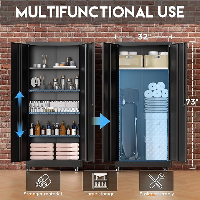 Greenvelly Metal Garage Storage Cabinet with 4 Swivel Wheels, 73” Black Storage Cabinet on Wheels, Rolling Tool Cabinet with Locking Doors and Shelves for Home, Basement, Kitchen Pantry, Warehouse