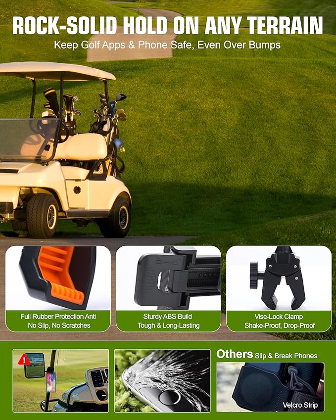 XEEP Golf Cart Phone Holder Mount, 3s Phone Clip Install, 1s Lock & Release, 360° Rotation Golf Phone Holder for Ezgo Club Car Yamaha, Golf Cart Accessories for All 4.5-7" Smartphones