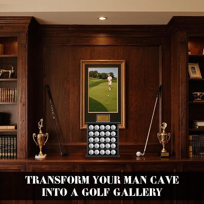 25 Golf Ball Display Case Wall Mounted -Black Golf Ball Holder with Green Velvet Backing, Anti-Fall Slots, No Assembly Needed for Golf Souvenirs & Collectibles