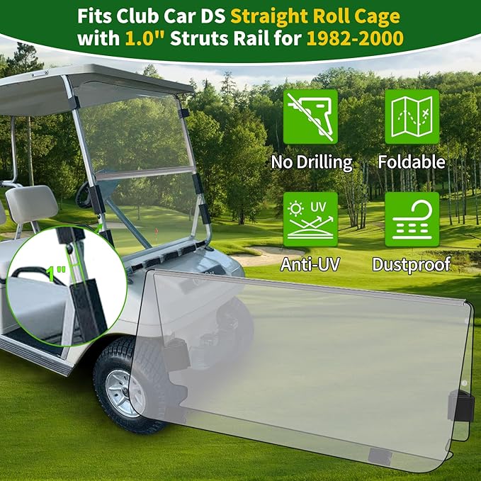 Golf Cart Foldable Windshield 3/16" (5MM) Only Fits 1982-2000 Club Car DS 1"×1" Struts Upper and Down Straight Rail, Folding Acrylic Replacement - Clear (Not Fit Top Tapered Rail Style)