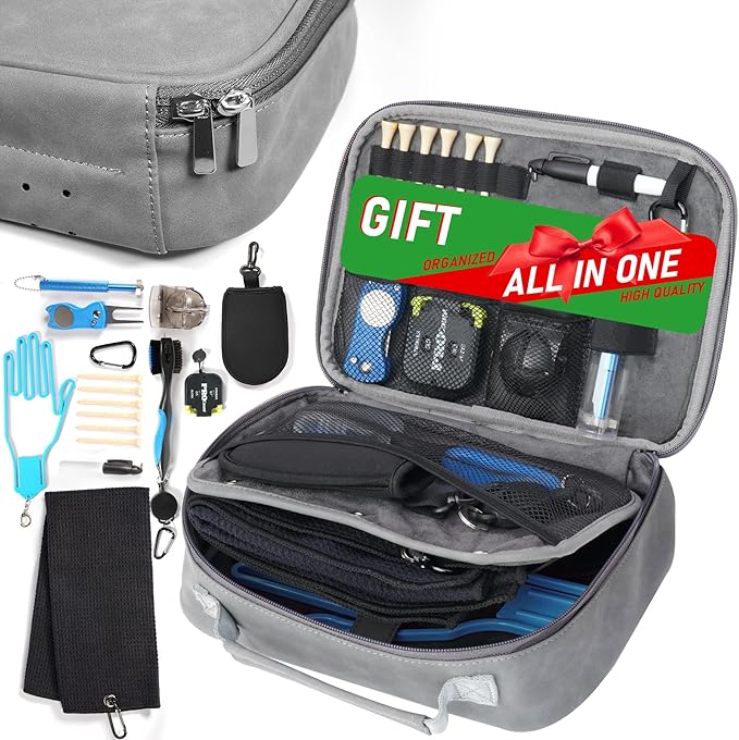 GAIARENA Golf Essential Accessories Kit with Luxury Carrying Case Bag, Golf Gift for Golfers, Golf Ball Liner Towel Cleaning Brush Divot Repair Tool Club Groove Sharpener