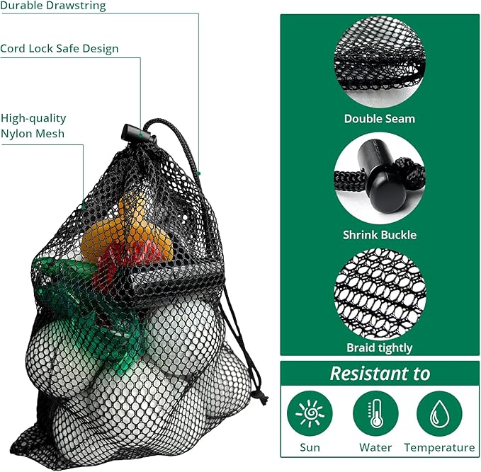 Mesh Bags with Drawstring - 2 Pack Nylon Golf Ball Storage Mesh Bags Sports Equipment Organizer Sack for Collecting Half Balls, Tennis, Toys, Beach, Travel