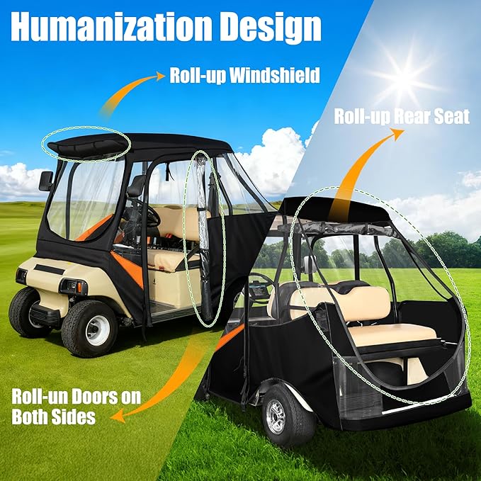 10L0L Golf Cart Driving Enclosure for Club Car DS, 2/4 Passenger Short Roof Waterproof Windproof Heavy Duty 600D Rain Cover with 4-Sided Clear Windows & Durable Door Zipper All-Weather Protection