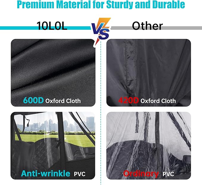 10L0L 2/4 Passenger Golf Cart Driving Enclosure for EZGO TXT/RXV Model, 4-Sided Clear Window 600D Rain Cover All Weather Windproof Waterproof - Black/Beige