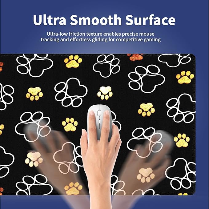 Wknoon. Extra Large Gaming & Office Mouse Pad (31.5" x 11.8") – Abstract Cute Dog Paw Prints Gold and White Design, Premium Anti-Slip XXL Desk Mat with Durable Stitched Edges