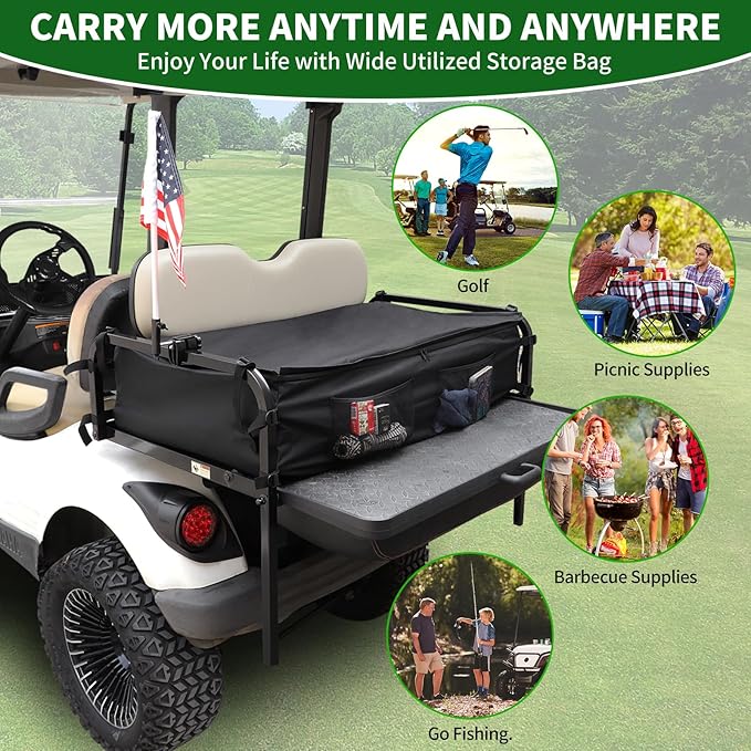Golf Cart Rear Storage Bag for 4 Passenger EZGO, Club Car, Yamaha Golf Carts, 900D Water-Repellent No Drilling Grocery Shopping Cargo Box with Secure Net and Adjustable Straps for 2+2 Seat