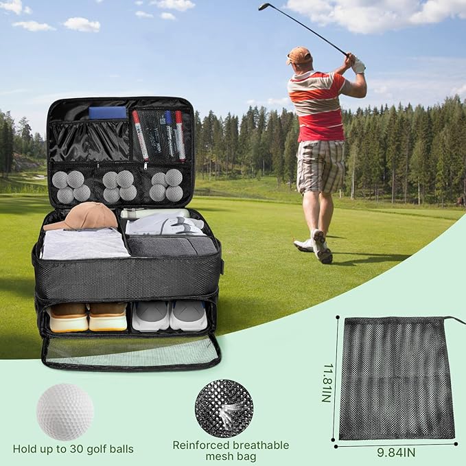 LIWSHWZ 3 Layer Golf Trunk Organizer,Golf Gifts for Men with Separate Mesh Bag for Golf Balls,Large Capacity-40 Golf Balls,2 Pairs of Golf Shoes, Gloves, Clothes, Golf Gift for Men Women