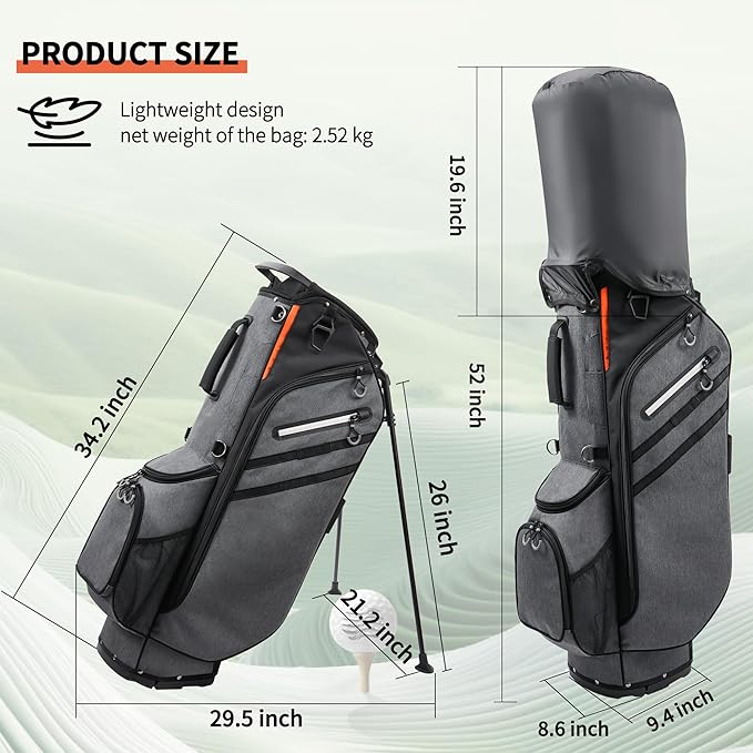 Golf Stand Bag 14 Way Full-Length Dividers with Stand, Lightweight Golf Bag for Men, 7 Pockets, Dual Strap, Rain Hood, Portable Golf Club Bag for Men Women, Gray/Black