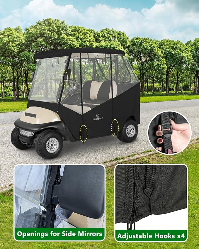 Golf Cart Enclosure 2 Passenger for Club Car Precedent Tempo Onward,600D Clear Rain Cover Driving Enclosure 2 Seater,Roll Up 4 Sided Transparent Windows&Door Heavy Duty Zipper,Side Mirrors Openings