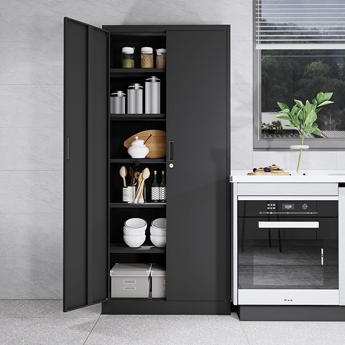 CJF Metal Storage Cabinet, 71" H Locking Cabinet with 5 Adjustable Shelves for Garage, Classroom, School, Home, Office, Pantry-Black